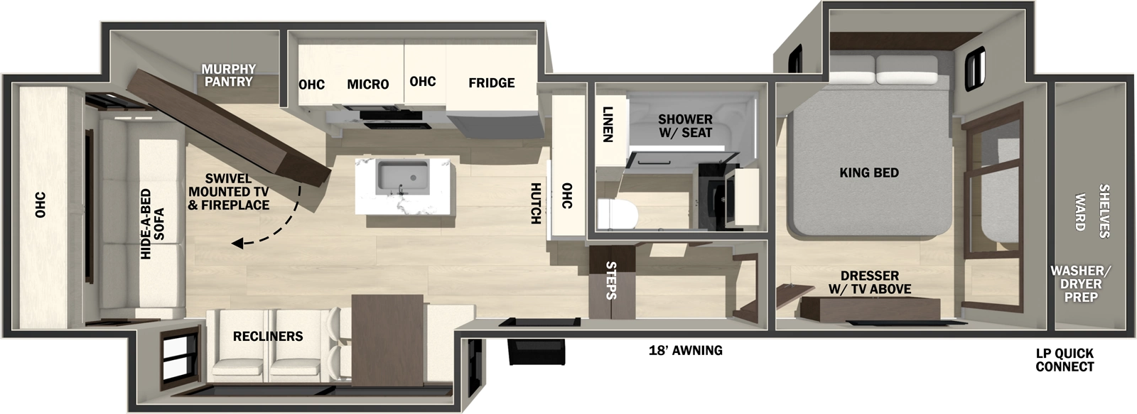 The Cedar Creek 29RL floorplan has one entry and three slide outs. Exterior features include: fiberglass exterior and 15' awning. Interiors features include: kitchen island, front bedroom and rear living.